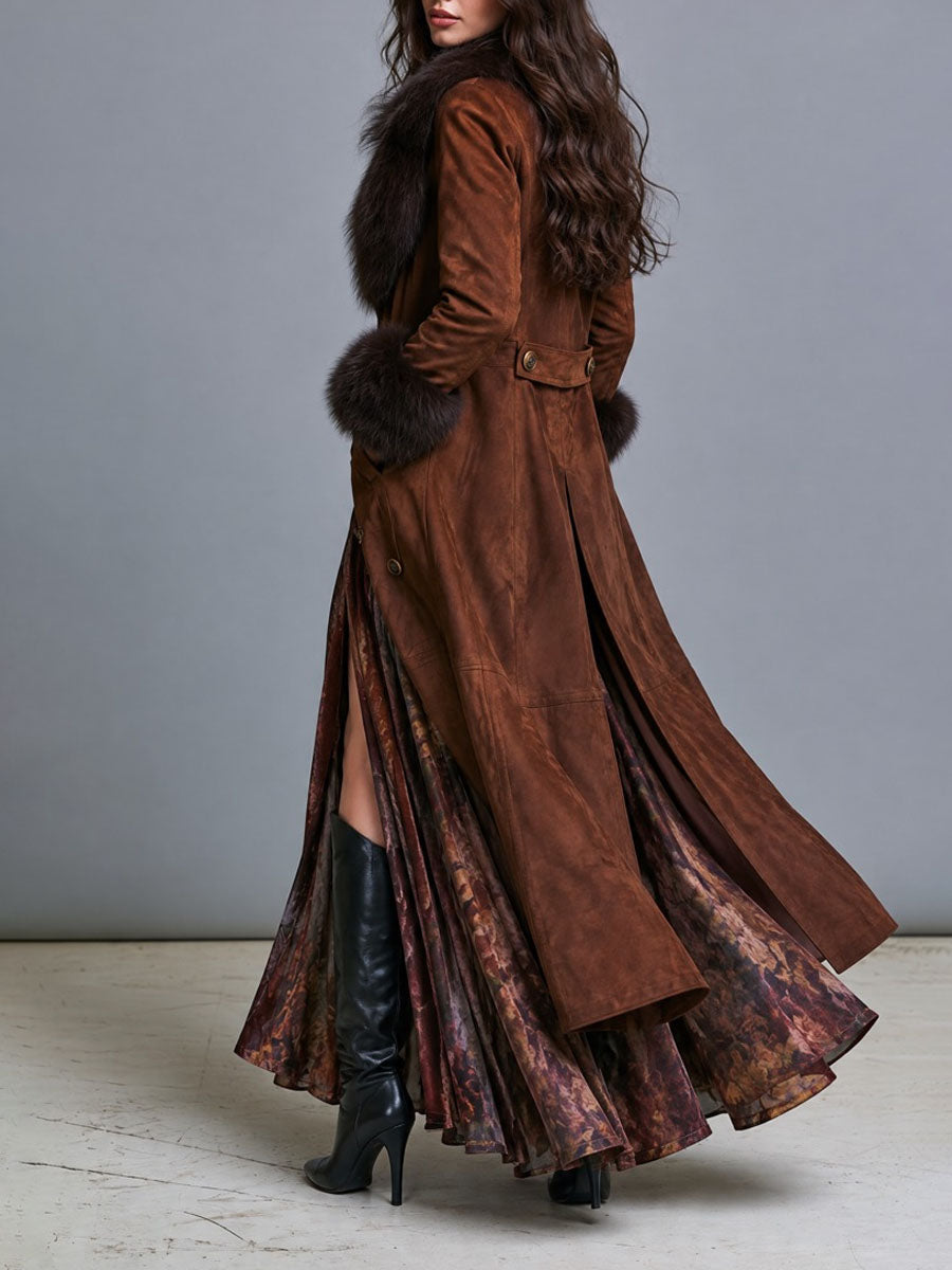Gabardina bohemia de estilo vaquero de Gamuza con Ribete de Piel y Doble Botón