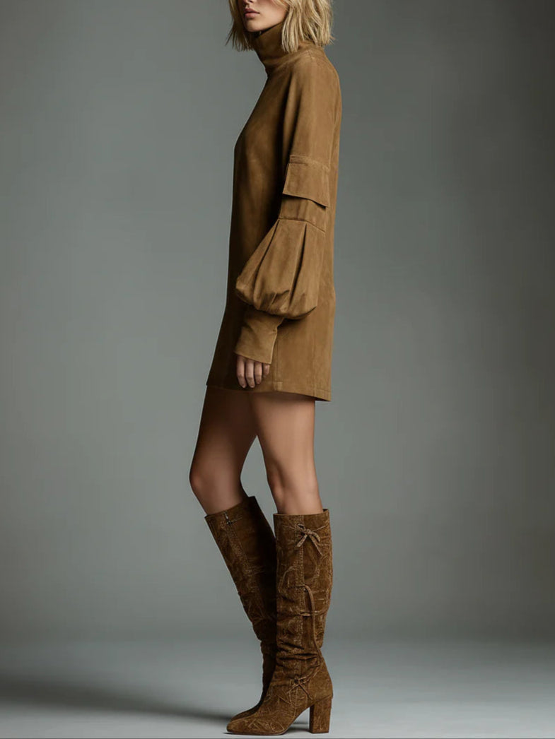 Bibiane | Mini Vestido holgado de Gamuza con Cuello Alto