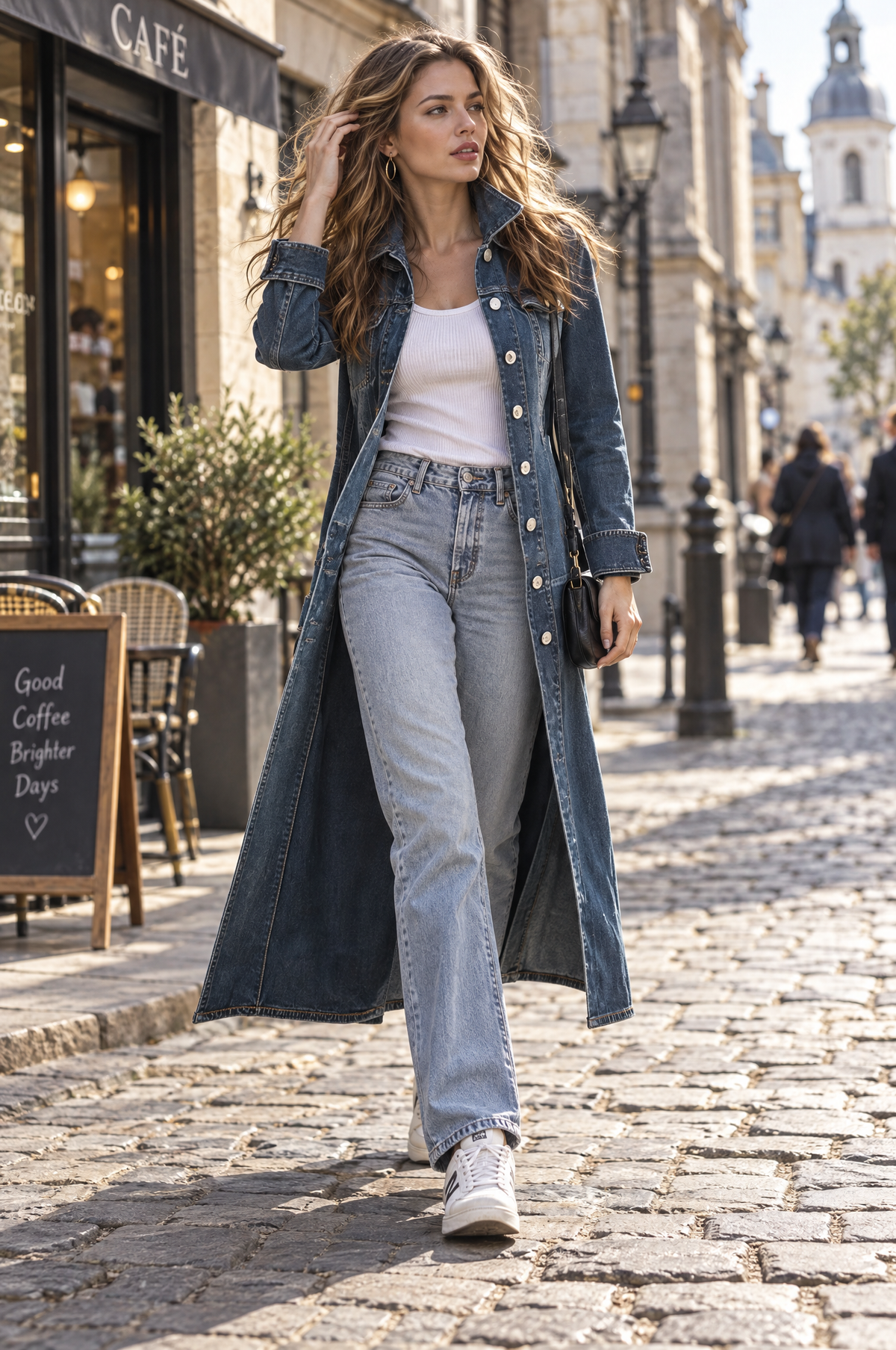 Gabardina larga bohemia de Mezclilla Desgastada con Cuello Estructurado