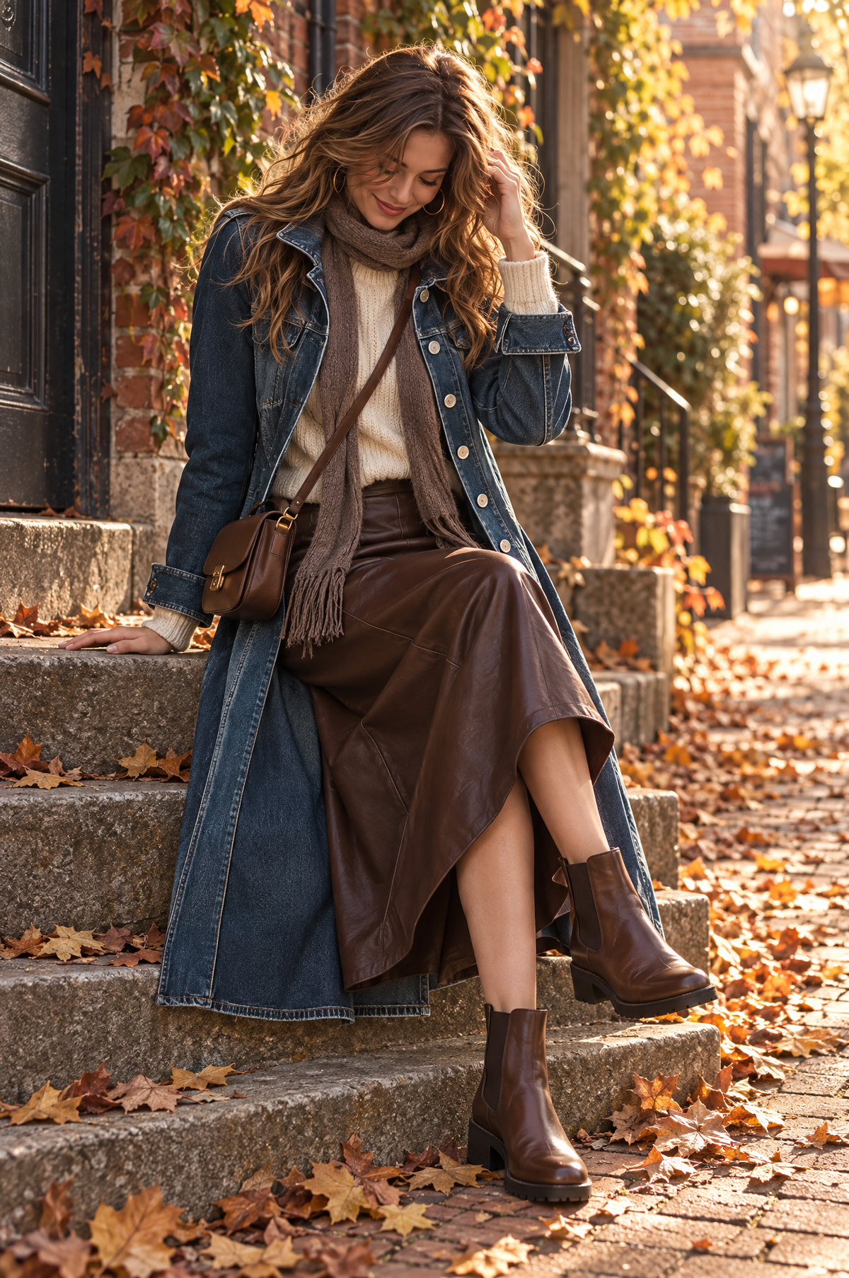 Gabardina larga bohemia de Mezclilla Desgastada con Cuello Estructurado