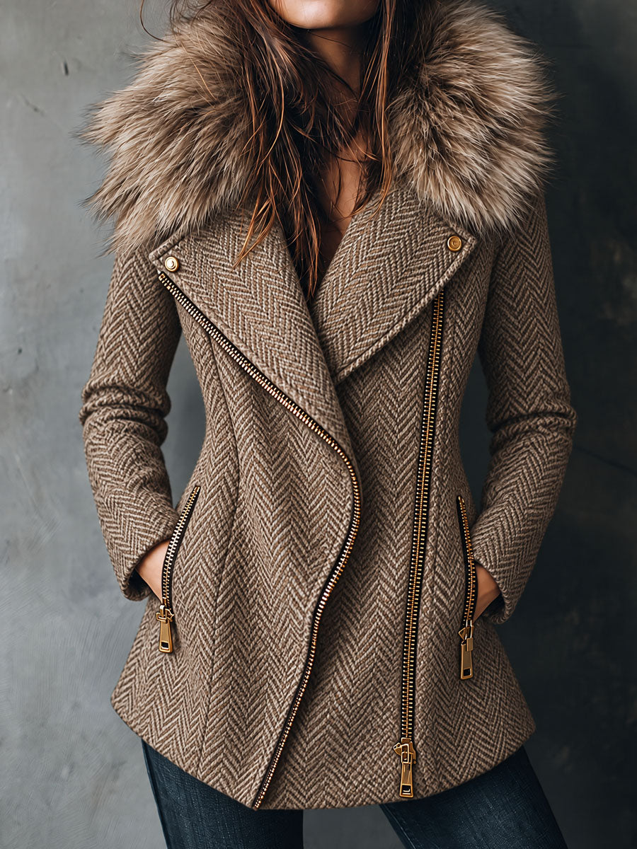 Abrigo holgado Retro de Tweed Espiga con Cuello de Piel Sintética y Cierre Asimétrico