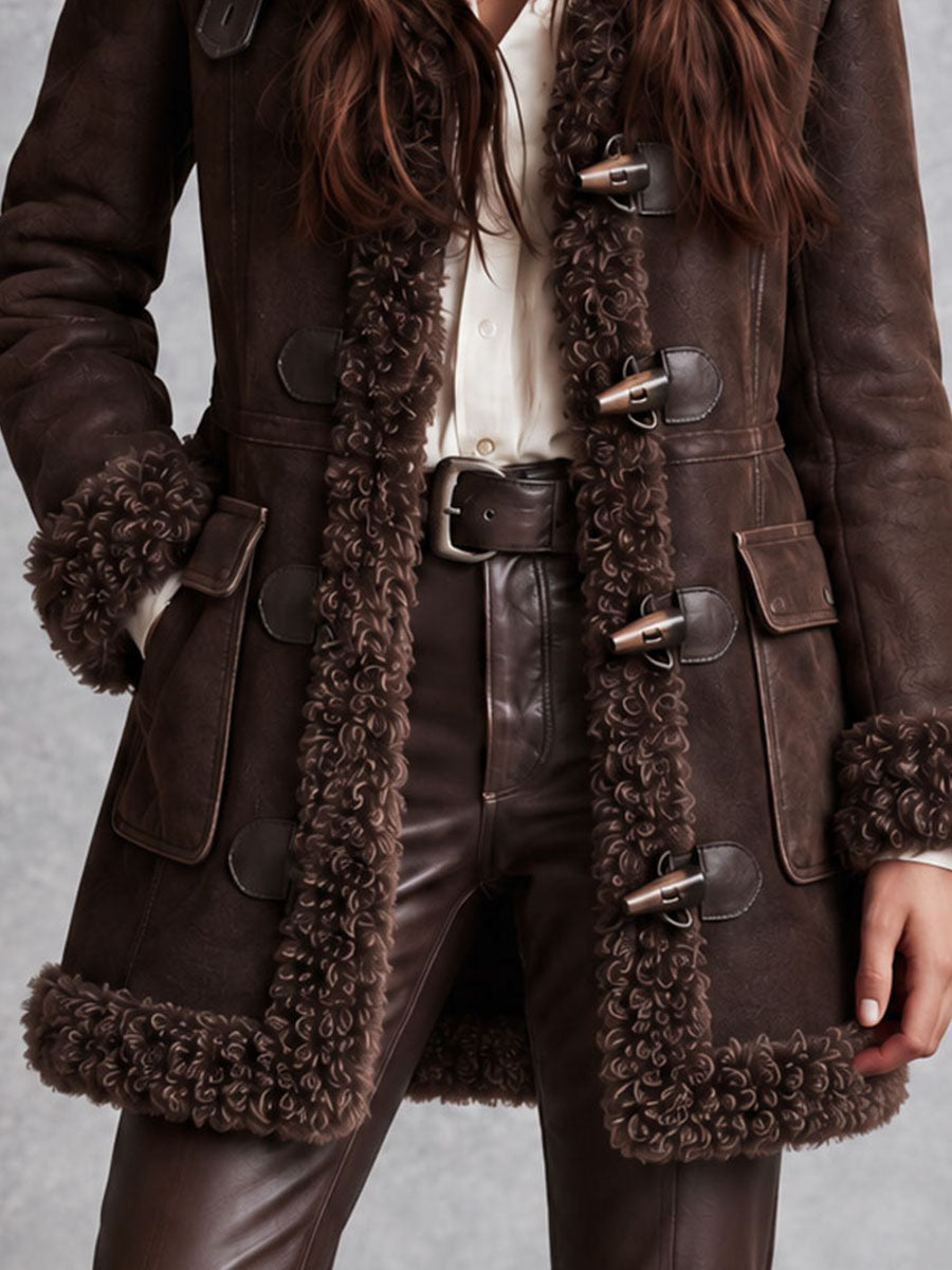 Abrigo bohemio de estilo vaquero de Microgamuza con Botón de Palo, Borrego Sintético, Cuello y Puños de Piel