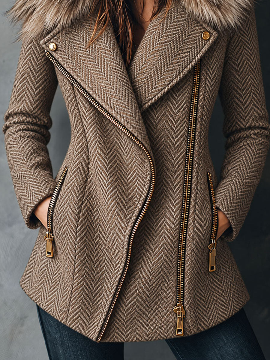 Abrigo holgado Retro de Tweed Espiga con Cuello de Piel Sintética y Cierre Asimétrico