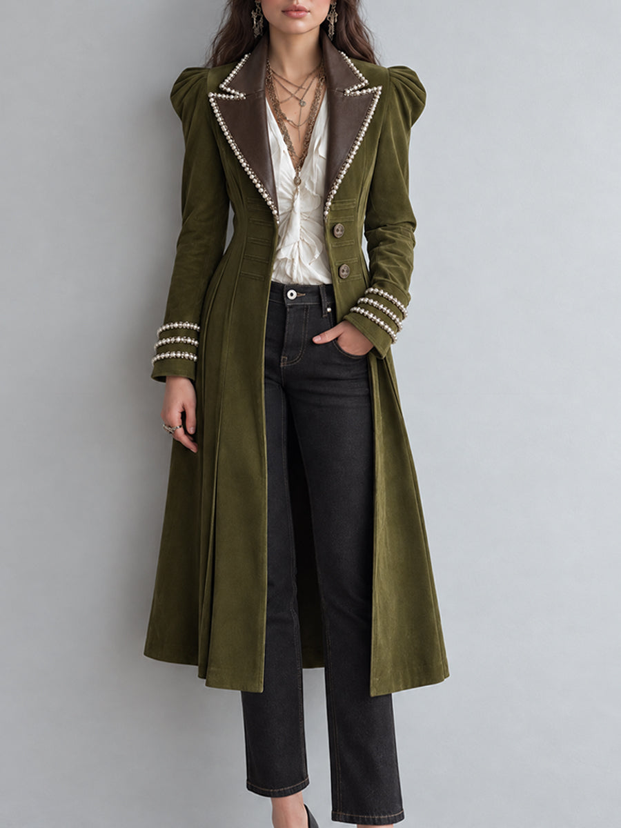 Abrigo Largo Bohemio retro de Gamuza Sintética con Ribete de Perlas