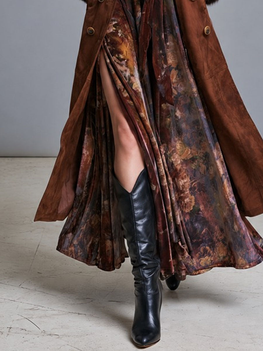 Gabardina bohemia de estilo vaquero de Gamuza con Ribete de Piel y Doble Botón