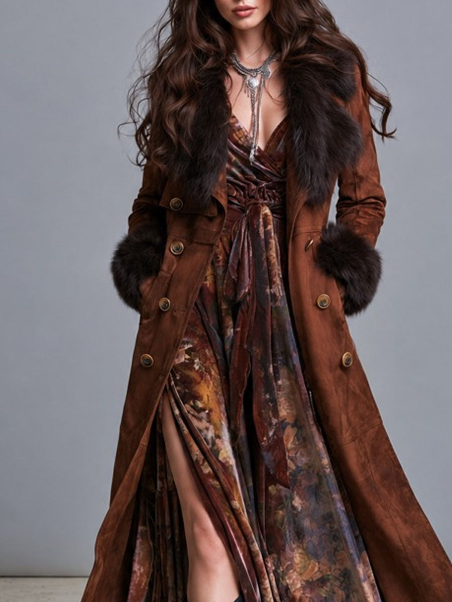 Gabardina bohemia de estilo vaquero de Gamuza con Ribete de Piel y Doble Botón