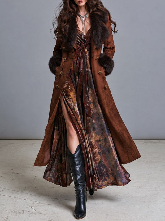 Gabardina bohemia de estilo vaquero de Gamuza con Ribete de Piel y Doble Botón