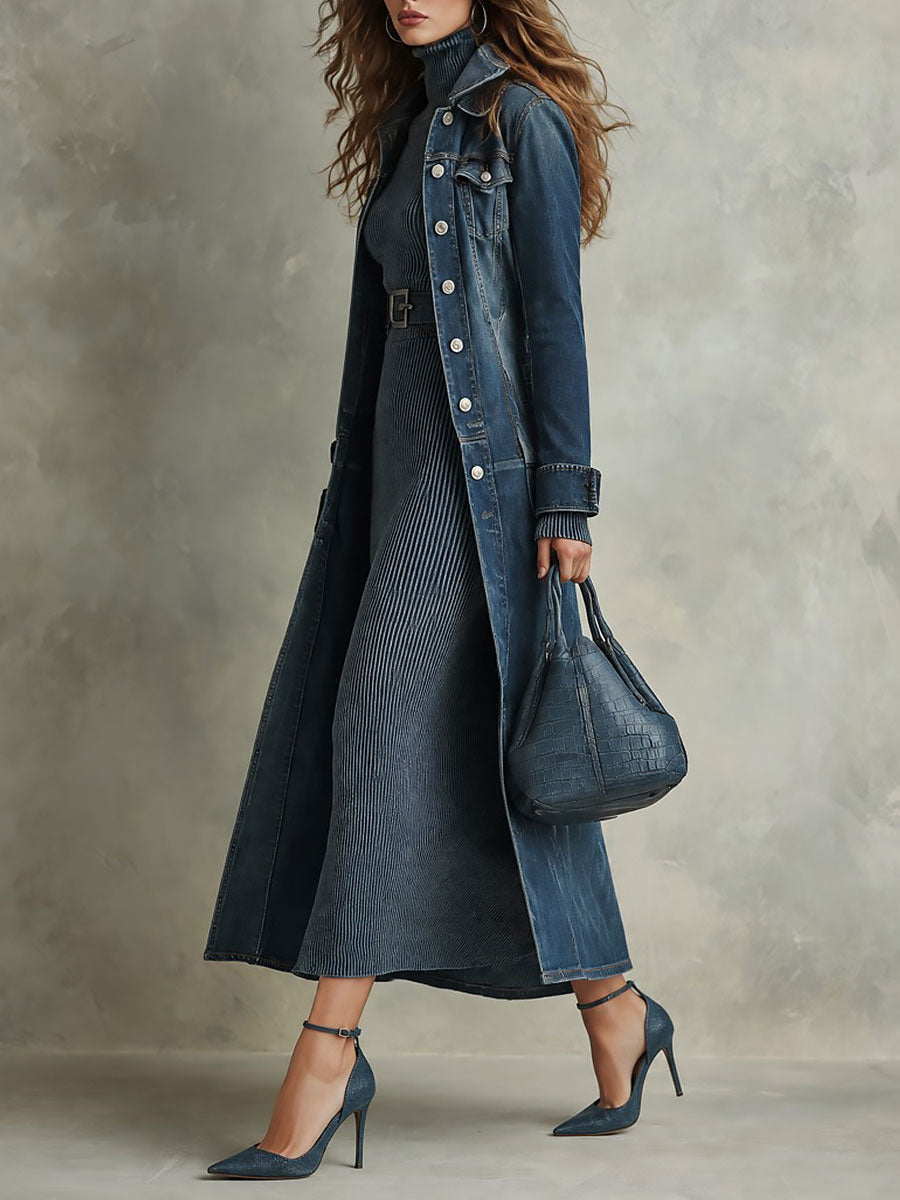 Gabardina larga bohemia de Mezclilla Desgastada con Cuello Estructurado