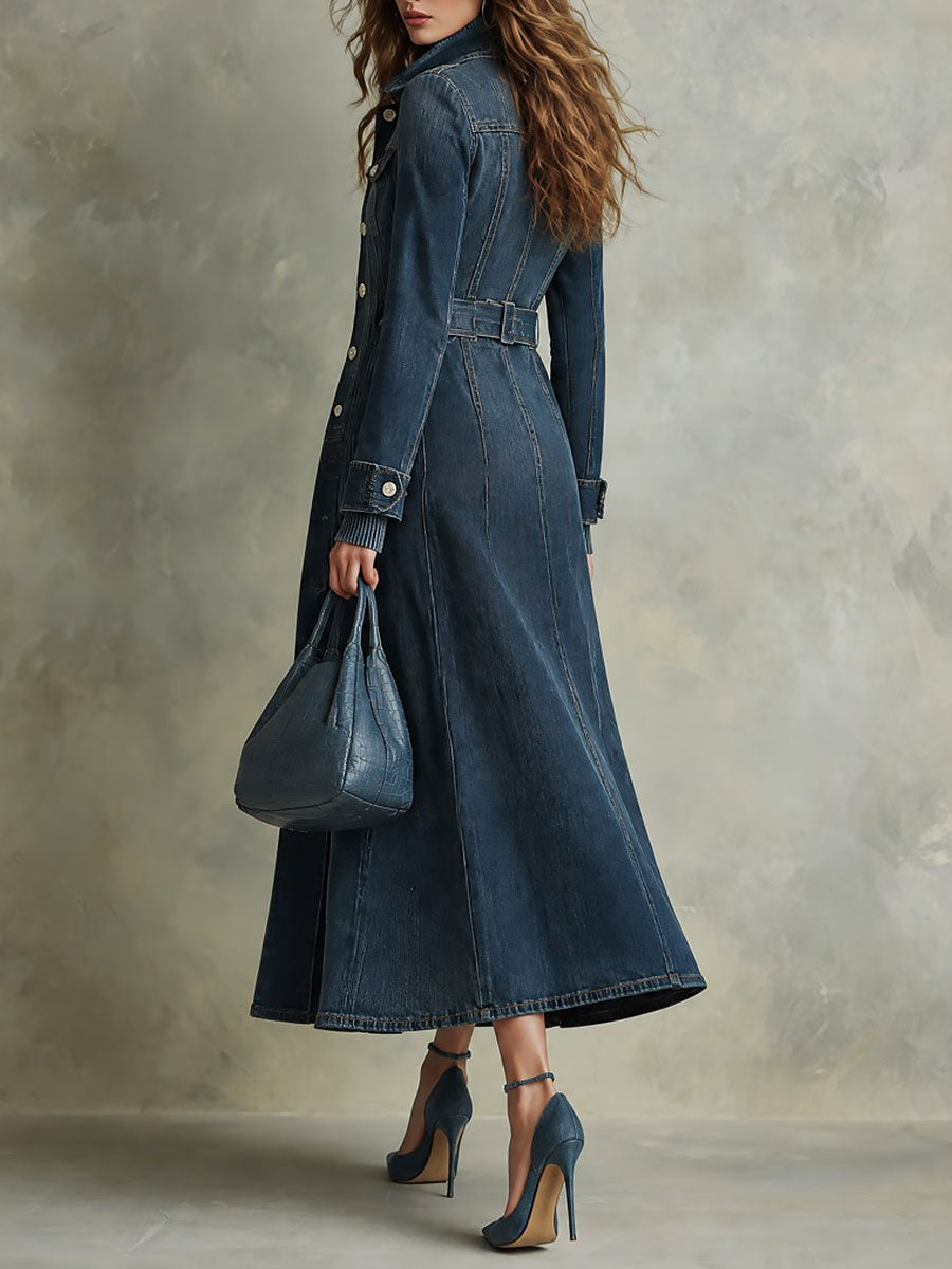 Gabardina larga bohemia de Mezclilla Desgastada con Cuello Estructurado