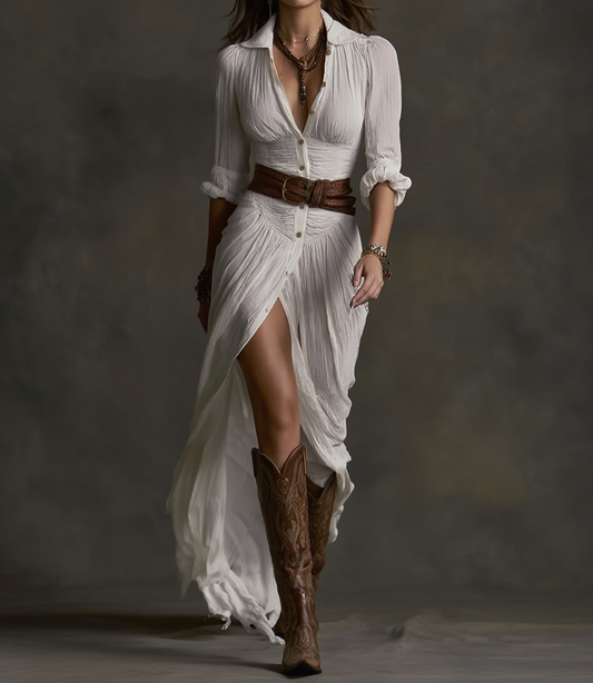Aurore | Vestido Largo de Lino con Cuello Camisero
