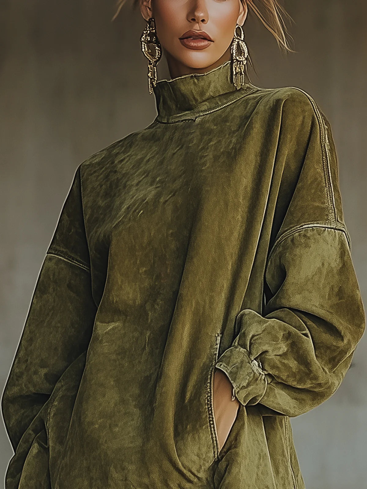 Gabrielle | Vestido de Gamuza con Cuello Alto y Flecos