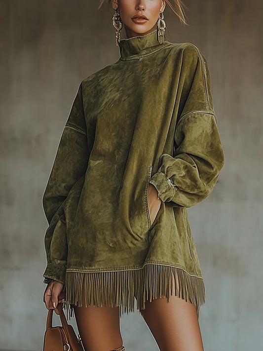 Gabrielle | Vestido de Gamuza con Cuello Alto y Flecos
