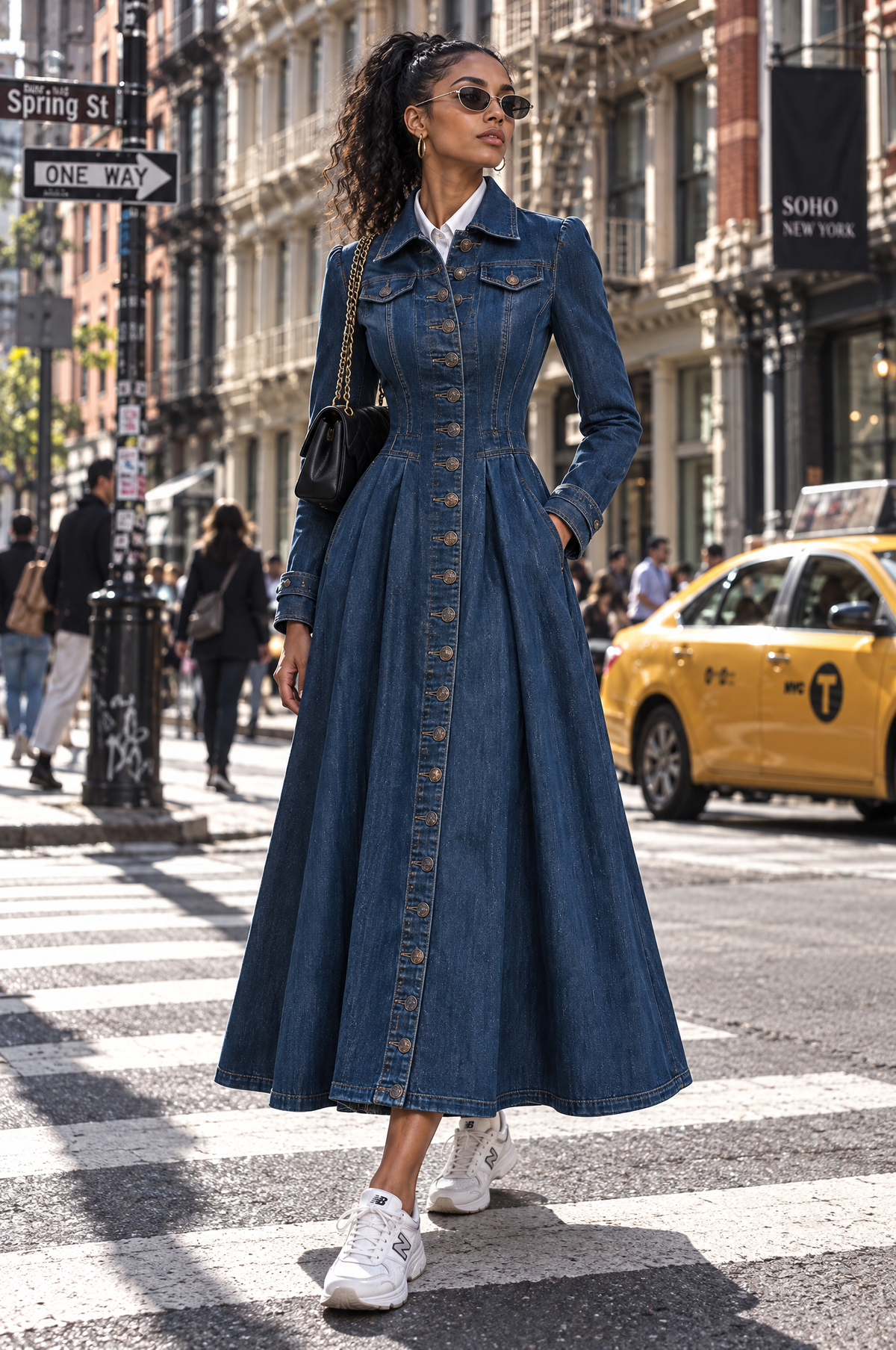 Gabardina Larga Entallada Retro de Mezclilla con botonadura sencilla